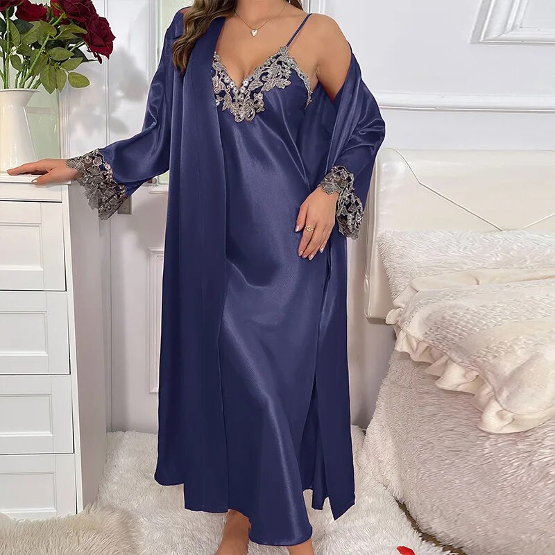 Set halate de baie pentru femei, satin matasos, lenjerie de noapte, primavara vara, dantela, kimono, haine de baie, costum de noapte, costum de noapte