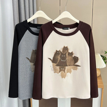 Φθινοπωρινό και Χειμώνα 100 KG εμπριμέ μανίκι καρτούν Raglan Βασικές μπλούζες με λαιμόκοψη σε συνθετικό μέγεθος Γυναικείο ζεστό μπλουζάκι από ύφασμα casual DE