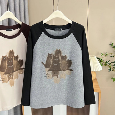 Jesen i zima 100 kg Ženska ležerna topla majica kratkih rukava s raglan rukavima s crtićima i O-izrezom, ležerna od baršunaste tkanine