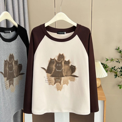 Jesen i zima 100 kg Ženska ležerna topla majica kratkih rukava s raglan rukavima s crtićima i O-izrezom, ležerna od baršunaste tkanine