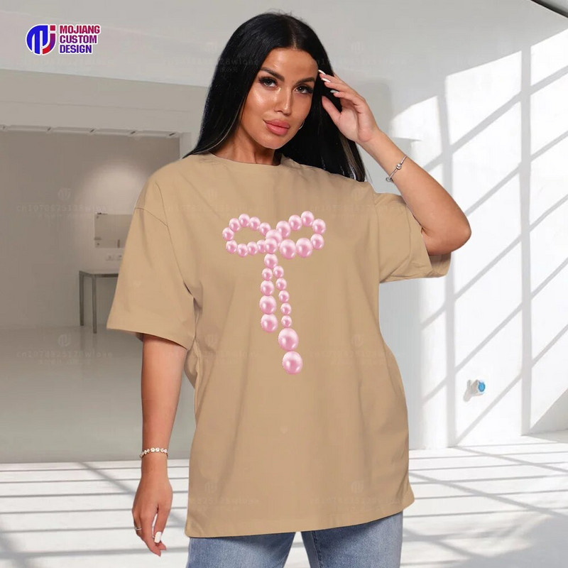 2024 KUSAHIKI Κορεάτικο ρετρό ροζ χάντρες φιόγκο με μοτίβο casual κοντομάνικο μπλουζάκι φούτερ Νέα μπλούζες για γυναίκες σε συν μέγεθος