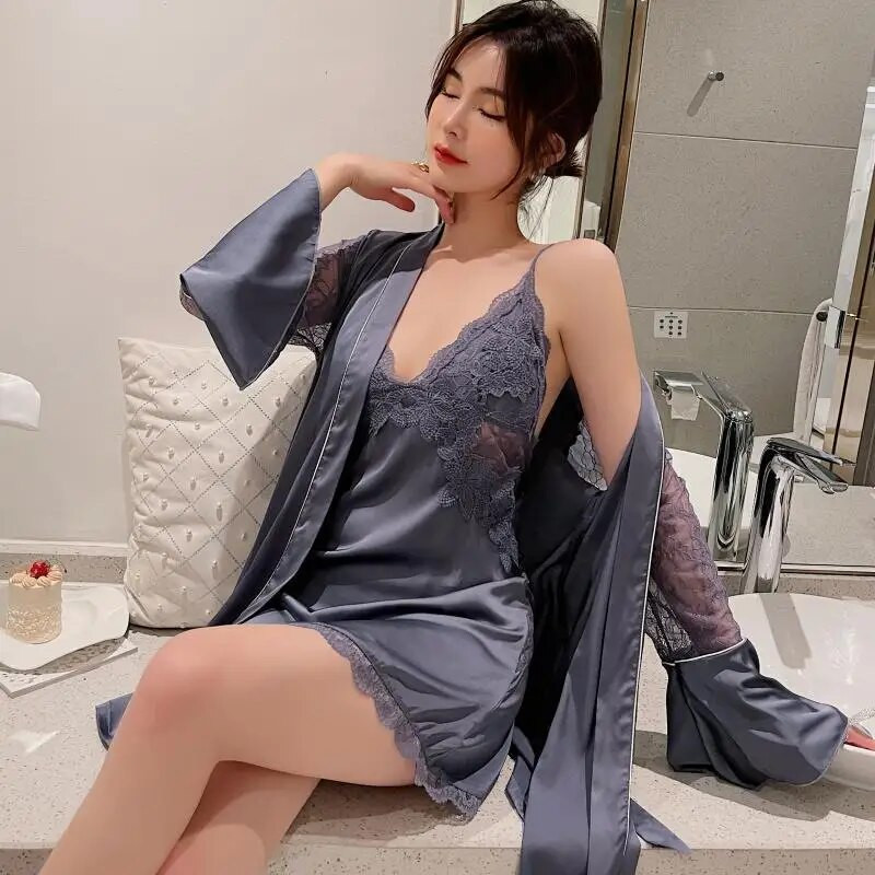 Nyári női 2 DB fürdőköpeny ruha szett Csipkés vájt hálóing Hálóruha Köntös Hálóruha Női szatén kimonó hálóruha nappali ruha