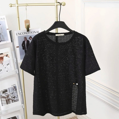 Dámske letné žakárové tričko s krátkym rukávom a rozparkom, 100 kg, ležérne, s okrúhlym výstrihom, plus veľkosť 9754