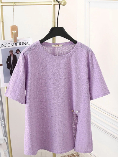 Dámske letné žakárové tričko s krátkym rukávom a rozparkom, 100 kg, ležérne, s okrúhlym výstrihom, plus veľkosť 9754