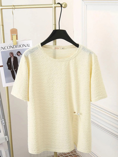 Dámske letné žakárové tričko s krátkym rukávom a rozparkom, 100 kg, ležérne, s okrúhlym výstrihom, plus veľkosť 9754