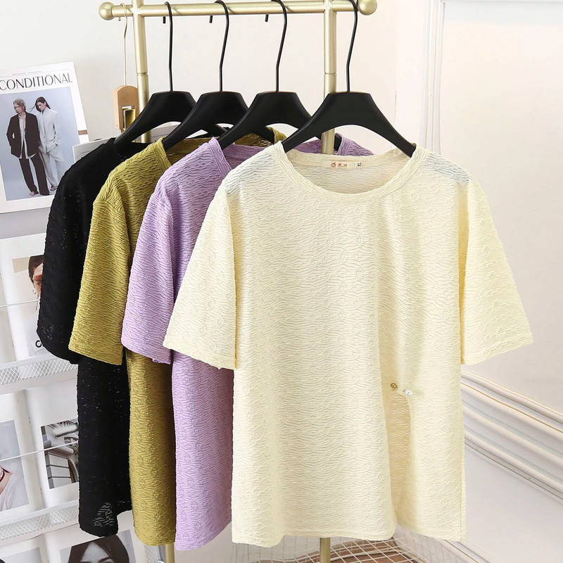 Dámske letné žakárové tričko s krátkym rukávom a rozparkom, 100 kg, ležérne, s okrúhlym výstrihom, plus veľkosť 9754