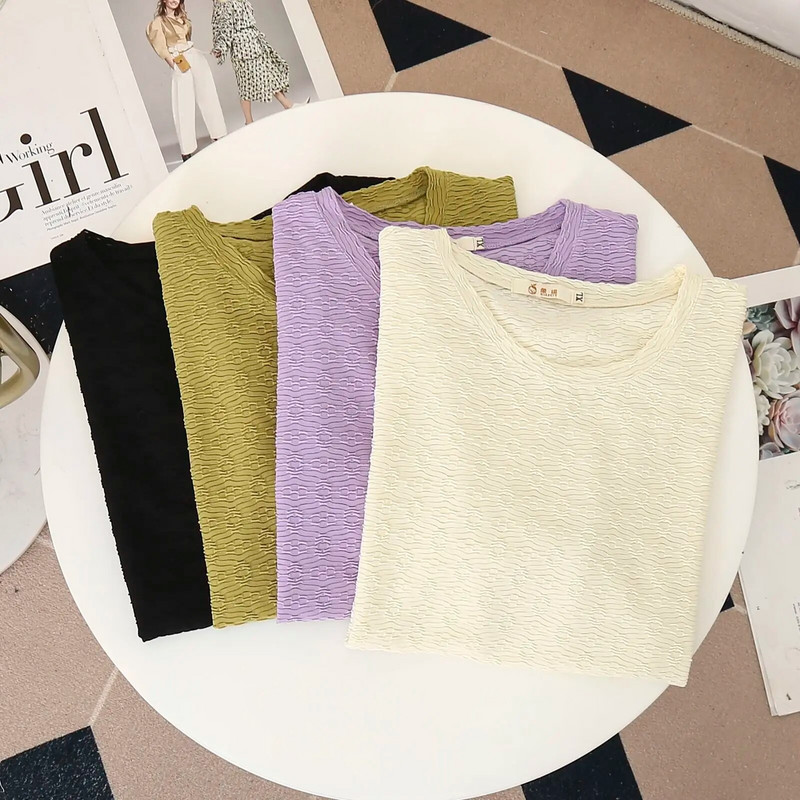 Dámske letné žakárové tričko s krátkym rukávom a rozparkom, 100 kg, ležérne, s okrúhlym výstrihom, plus veľkosť 9754