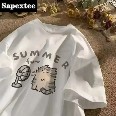 Плюс размер American Street Creative Blow Fan Cat Pure Cotton T-shirt for Men и Women Summer Short Sleeve Couple Wear INS Top