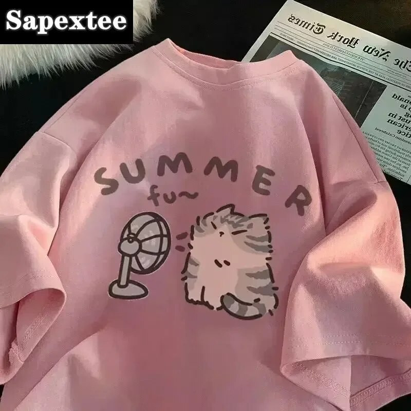 Plus Size American Street Creative Blow Fan Cat Čisté bavlnené tričko pre mužov a ženy Letné krátke rukávy Párové oblečenie INS Top