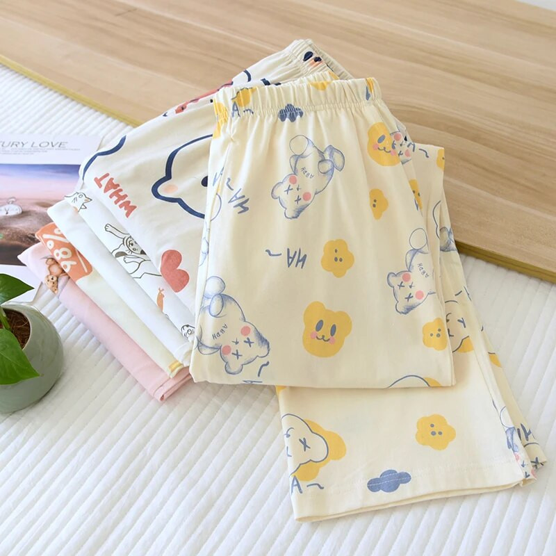 Παντελόνι Ancho Pantalones De Mujer Suelto Pijama Pijama Femme Παντελόνι Γυναικεία Πιτζάμα Πλεκτό Βαμβακερό Sleep Wear Soft Cartoon Pantalon