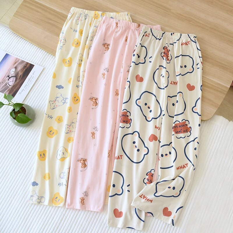 Παντελόνι Ancho Pantalones De Mujer Suelto Pijama Pijama Femme Παντελόνι Γυναικεία Πιτζάμα Πλεκτό Βαμβακερό Sleep Wear Soft Cartoon Pantalon