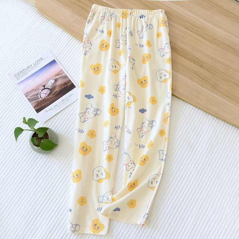 Παντελόνι Ancho Pantalones De Mujer Suelto Pijama Pijama Femme Παντελόνι Γυναικεία Πιτζάμα Πλεκτό Βαμβακερό Sleep Wear Soft Cartoon Pantalon