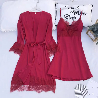 Nyári szatén kimonó köntös ruha Szexi V-nyakú, hát nélküli hálóruha öltöny melltartóval Lounge otthoni ruha édes rózsaszín csipke díszítésű fürdőköpeny