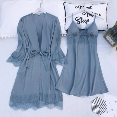Nyári szatén kimonó köntös ruha Szexi V-nyakú, hát nélküli hálóruha öltöny melltartóval Lounge otthoni ruha édes rózsaszín csipke díszítésű fürdőköpeny