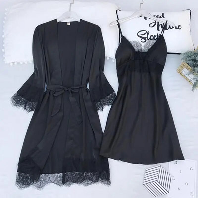 Nyári szatén kimonó köntös ruha Szexi V-nyakú, hát nélküli hálóruha öltöny melltartóval Lounge otthoni ruha édes rózsaszín csipke díszítésű fürdőköpeny