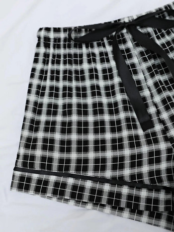 Καλοκαιρινή γυναικεία πιτζάμα PJ παντελόνι Lounge καρό ελαστική μέση με κορδόνι σορτς Ασπρόμαυρο casual πιτζάμα Ρούχα για το σπίτι Νυχτικά