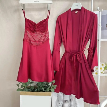 Γυναικείο Σετ Νυχτερινό & Ρόμπα Καλοκαιρινό Σατέν 2 τμχ Κιμονό Φόρεμα ύπνου Δαντέλα Νυχτικό Μπουρνούζι Σπίτι Φόρεμα Σαλόνι