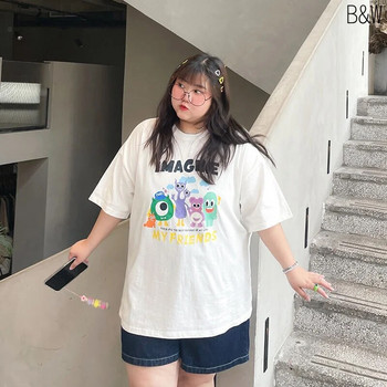 Πλούσιο γυναικείο μπλουζάκι τρισδιάστατης εκτύπωσης Βαμβακερό μπλουζάκι 200 KG Παχύ κοριτσίστικο μπλουζάκι με κάτω μπλουζάκι Υπερμεγέθη στρογγυλή λαιμόκοψη Street tops
