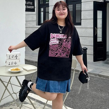 Πλούσιο γυναικείο μπλουζάκι τρισδιάστατης εκτύπωσης Βαμβακερό μπλουζάκι 200 KG Παχύ κοριτσίστικο μπλουζάκι με κάτω μπλουζάκι Υπερμεγέθη στρογγυλή λαιμόκοψη Street tops