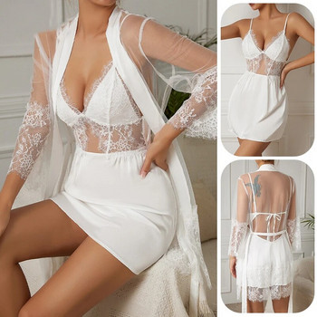 Jxgarb 2024 Νέα γυναικεία ρόμπα και φόρεμα δύο τεμαχίων πιτζάμες σετ σέξι λευκού χρώματος Νυφικά γάμου Temptation Sleepwear από πάγο
