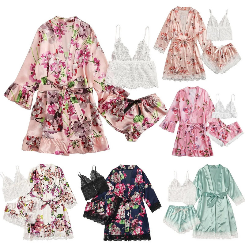 Σέξι γυναικεία σετ εσωρούχων Garter Ρόμπες Δαντελένιο κορμάκι Βαθύ εσώρουχο λαιμόκοψης Άνετο Νυχτικό Πυτζάμες Ανοιξιάτικο νυχτικό