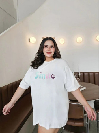 Плюс размер 47 инча гърди Памучна тениска Микроразтеглива дамска тениска Долна риза с отпечатани 3D букви Големи горнища с кръгло деколте