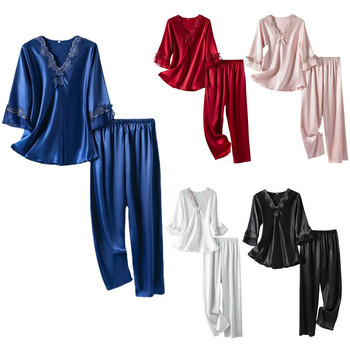 Дамски комплекти пижами от ледена коприна с къси ръкави, 2 бр. Дамски секси комплект спално облекло с v-образно деколте, комплект панталони Дамско домашно облекло