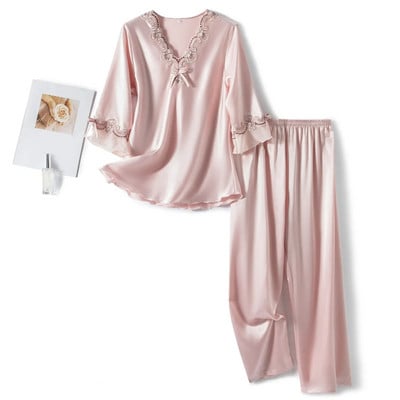 Női otthoni ruhák rövid ujjú jeges selyem pizsama készletek 2db női szexi V nyakú hálóruha szett Női otthoni ruházatú nappali ruha