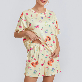 Σετ γυναικείες πιτζάμες Summer Strawberry Print Crew Λαιμόκοψη μακριά μανίκια, φαρδιά μπλούζες και ελαστικό παντελόνι μέσης 2 τεμαχίων Loungewear Homewear