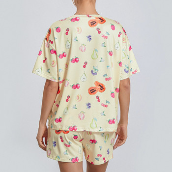 Σετ γυναικείες πιτζάμες Summer Strawberry Print Crew Λαιμόκοψη μακριά μανίκια, φαρδιά μπλούζες και ελαστικό παντελόνι μέσης 2 τεμαχίων Loungewear Homewear