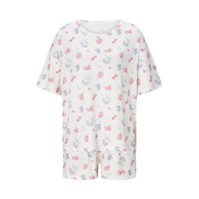 Moteriškos pižamos rinkinys, vasarinis braškių spausdinimas su kaklu, ilgomis rankovėmis, laisvos viršūnės ir elastingos juosmens kelnės, 2 dalių poilsio drabužiai, namų drabužiai