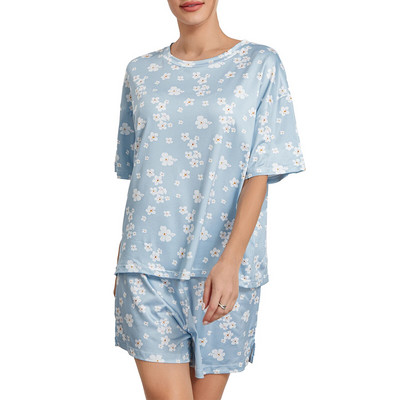 Moteriškos pižamos rinkinys, vasarinis braškių spausdinimas su kaklu, ilgomis rankovėmis, laisvos viršūnės ir elastingos juosmens kelnės, 2 dalių poilsio drabužiai, namų drabužiai