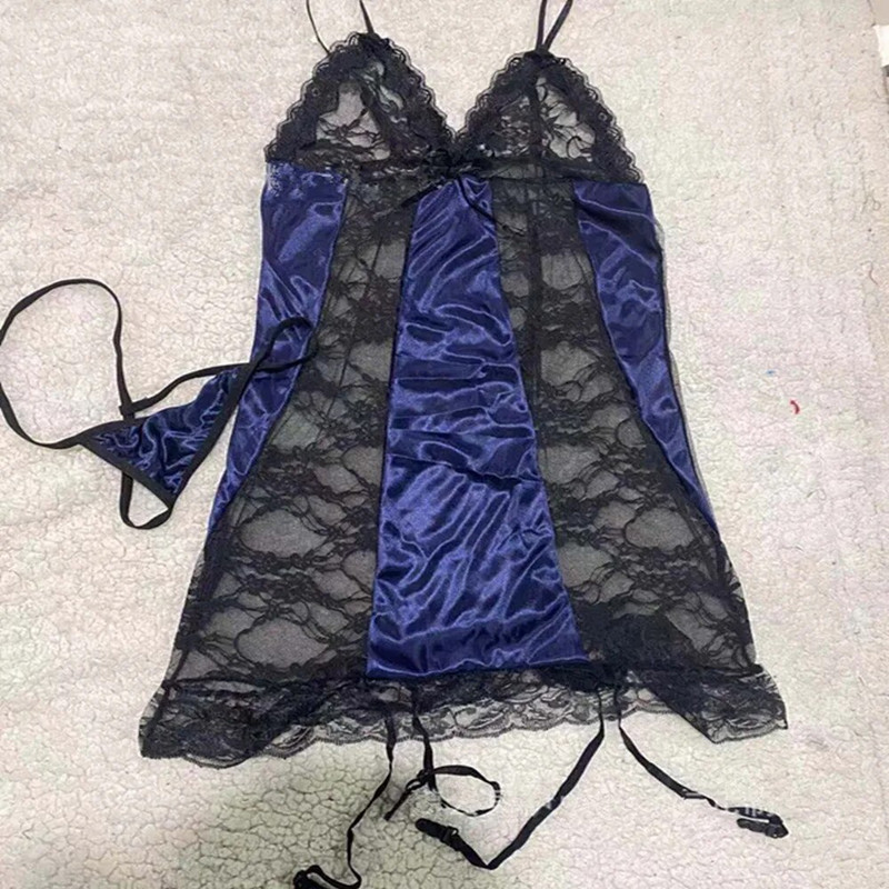 Moteriški naktiniai marškiniai Seksualūs V formos iškirpte Chemise miegui Mėlyni nėriniai naktiniai drabužiai Minkštas apatinis trikotažas moterims