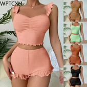 Moteriškos pižamos su skraidančiomis rankovėmis Seksualūs mieginiai drabužiai su apynasriu Moteriški pižamos su petnešėlėmis trumpi šortai Moteriški grynos spalvos naktiniai drabužiai namuose