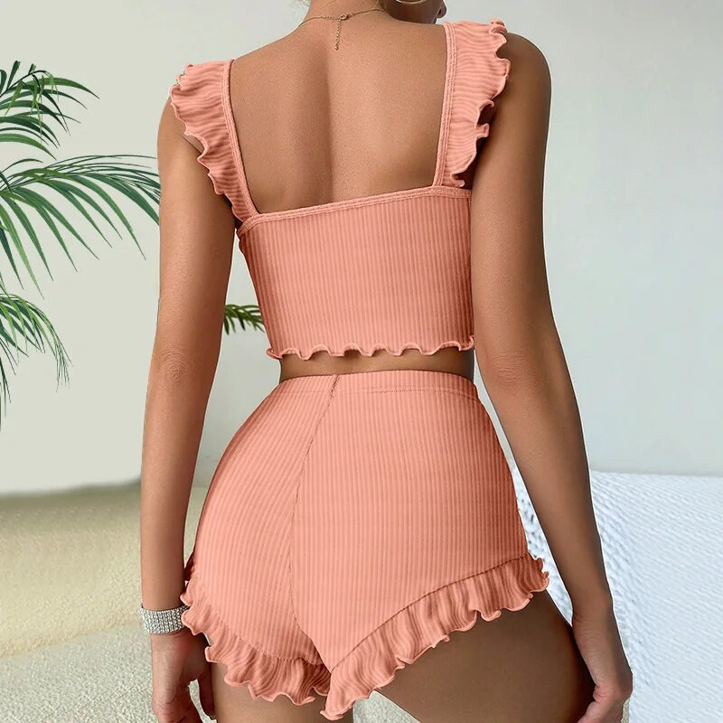 Moteriškos pižamos su skraidančiomis rankovėmis Seksualūs mieginiai drabužiai su apynasriu Moteriški pižamos su petnešėlėmis trumpi šortai Moteriški grynos spalvos naktiniai drabužiai namuose