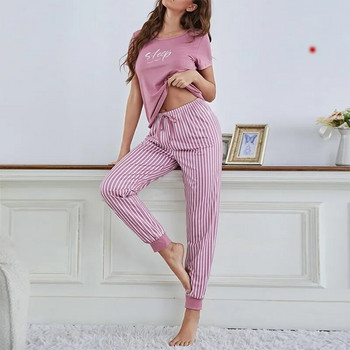 Ροζ Πιτζάμες για Γυναικεία μπλουζάκι με στρογγυλή λαιμόκοψη και ριγέ παντελόνι Πυζά για κορίτσια Γράμμα με στάμπα με βλεφαρίδες Pijama Casual Ρούχα για το σπίτι