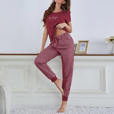 Rózsaszín pizsama szett kerek nyakú női pólóhoz és csíkos nadrághoz hálóruha Lányok levélszemcsés pizsama alkalmi otthoni ruhák