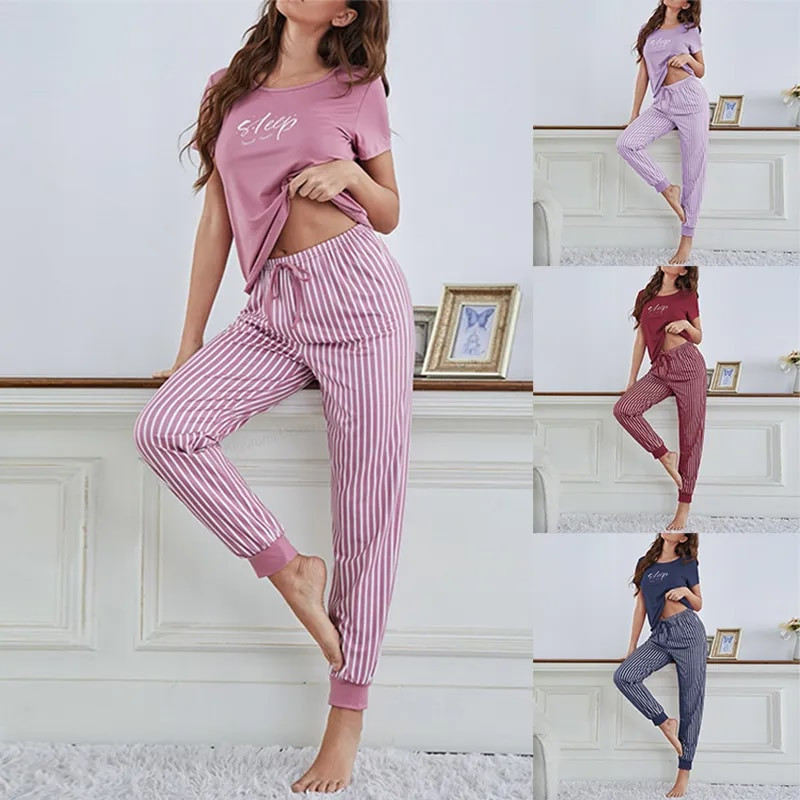 Rózsaszín pizsama szett kerek nyakú női pólóhoz és csíkos nadrághoz hálóruha Lányok levélszemcsés pizsama alkalmi otthoni ruhák