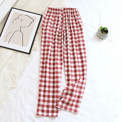 Pantaloni în carouri simpli pentru femei, toamnă, drepti, pantaloni de dormit din bumbac, cu talie elastică, îmbrăcăminte de salon, pantaloni largi de pijama