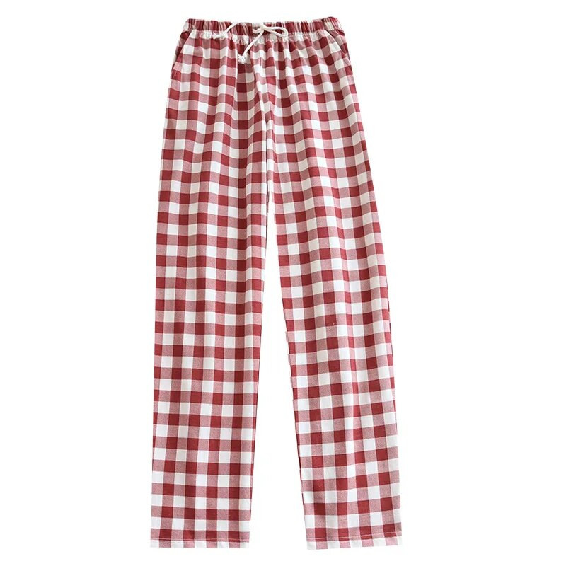 Pantaloni în carouri simpli pentru femei, toamnă, drepti, pantaloni de dormit din bumbac, cu talie elastică, îmbrăcăminte de salon, pantaloni largi de pijama