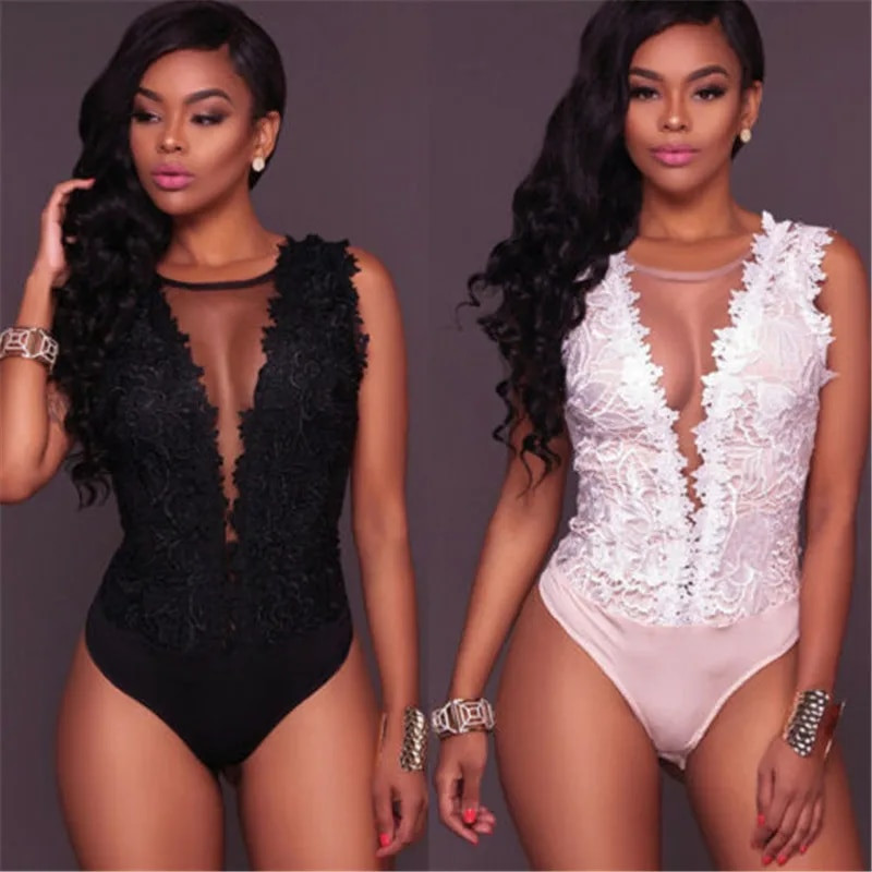 Seksi ženski bodi s dubokim V na čipku, rastezljivi bodi bez rukava s otvorenim preponama Crno-bijeli jednodijelni ženski kombinezon