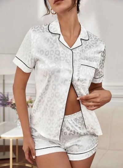 Női otthoni viselet pizsama szett, szimulált selyem szatén felső rövidnadrág otthoni szett