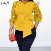 Nagy méretű ruhák tavaszi nyár kötszer masni póló divatos legénységi nyakú patchwork háló fonal három negyed ujjú vékony női felső