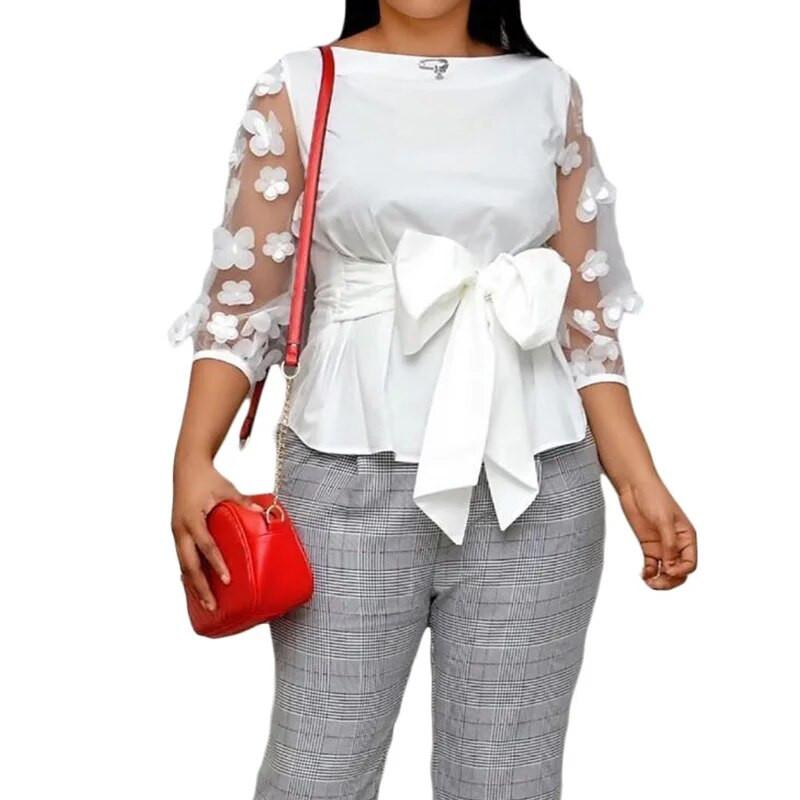 Nagy méretű ruhák tavaszi nyár kötszer masni póló divatos legénységi nyakú patchwork háló fonal három negyed ujjú vékony női felső