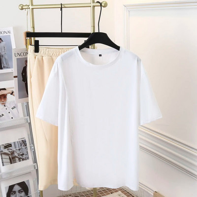 100 kg-os nyári egyszínű osztott rövid ujjú felsők, nagy méretű női alkalmi kerek nyakú pamut póló 9729