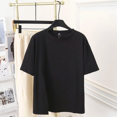 100 kg-os nyári egyszínű osztott rövid ujjú felsők, nagy méretű női alkalmi kerek nyakú pamut póló 9729