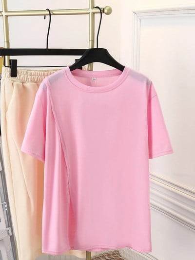 100 kg-os nyári egyszínű osztott rövid ujjú felsők, nagy méretű női alkalmi kerek nyakú pamut póló 9729