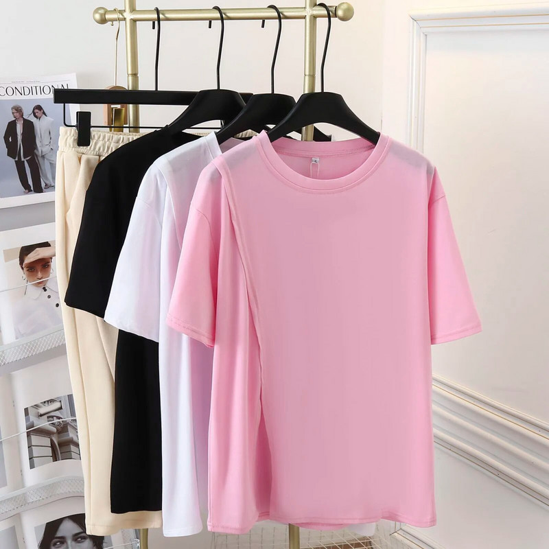 100 kg-os nyári egyszínű osztott rövid ujjú felsők, nagy méretű női alkalmi kerek nyakú pamut póló 9729