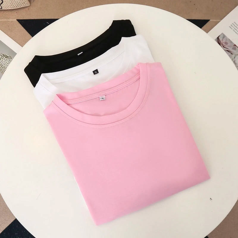 100 kg-os nyári egyszínű osztott rövid ujjú felsők, nagy méretű női alkalmi kerek nyakú pamut póló 9729