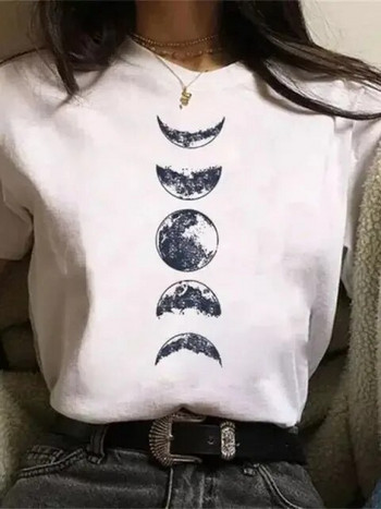 Тениска с големи размери Дамски бели и черни тениски New Funny Moon Print Fashion T-Shirt с O деколте и къс ръкав Летни тениски Ежедневно горнище